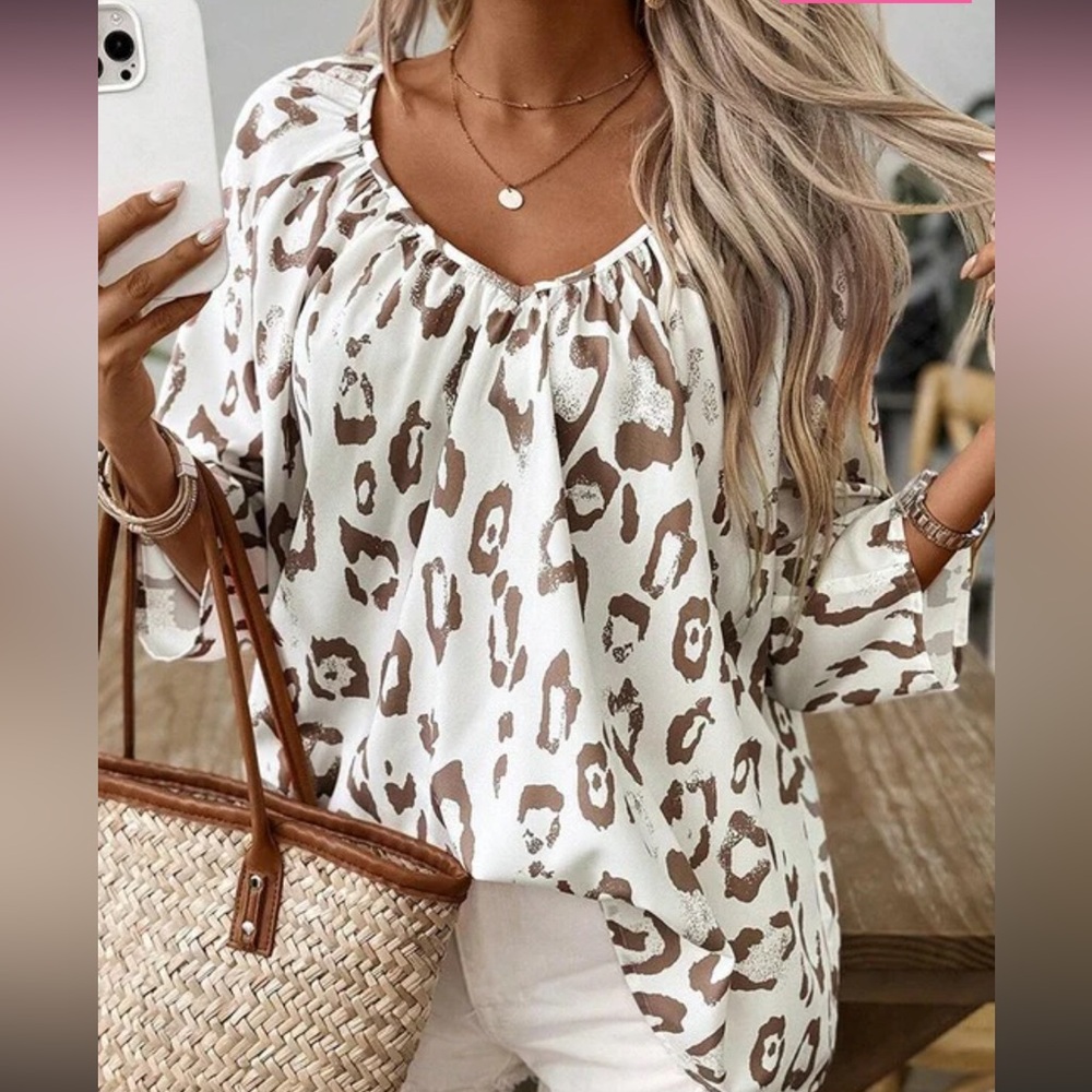 Women’s Leopard Animal Print V-Neck 3/4 Sleeve Blouse